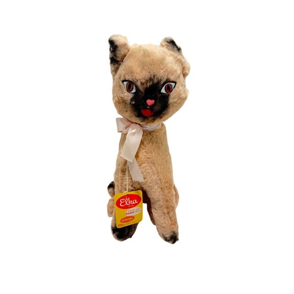 RARE Vintage ELKA Toys Stuffed Sitting KITTY CAT 13" Plush Org Satin Bow - Picture 1 of 7